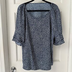 SHEIN Curve Navy & White Print Top with Ruffled Sleeves - 2XL